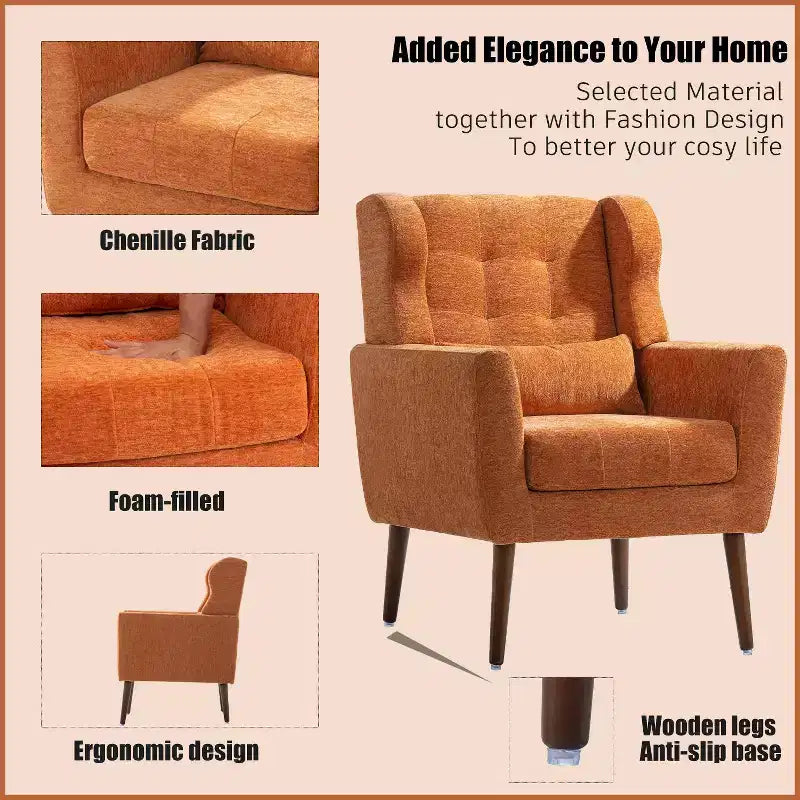 Poltroncina d'accento in ciniglia con cuscino decorativo e gambe affusolate in legno