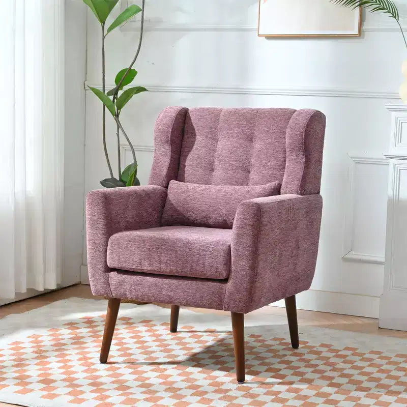 Poltroncina d'accento in ciniglia con cuscino decorativo e gambe affusolate in legno