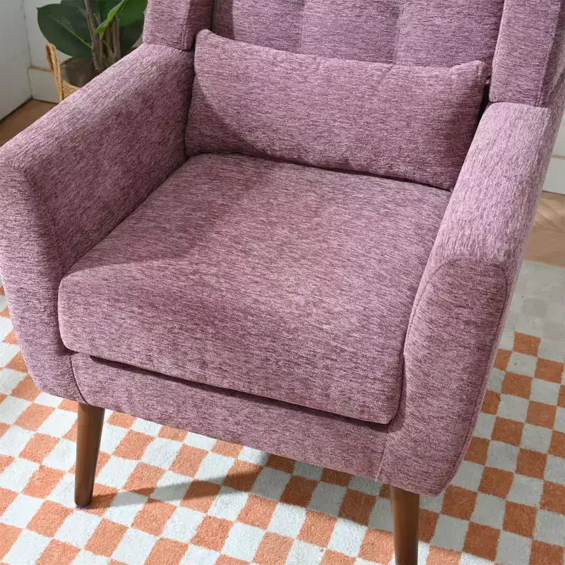Poltroncina d'accento in ciniglia con cuscino decorativo e gambe affusolate in legno