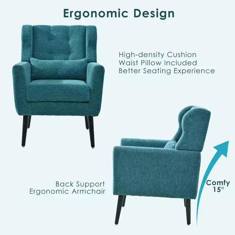 Poltroncina d'accento in ciniglia con cuscino decorativo e gambe affusolate in legno
