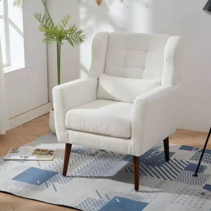 Poltroncina d'accento in ciniglia con cuscino decorativo e gambe affusolate in legno