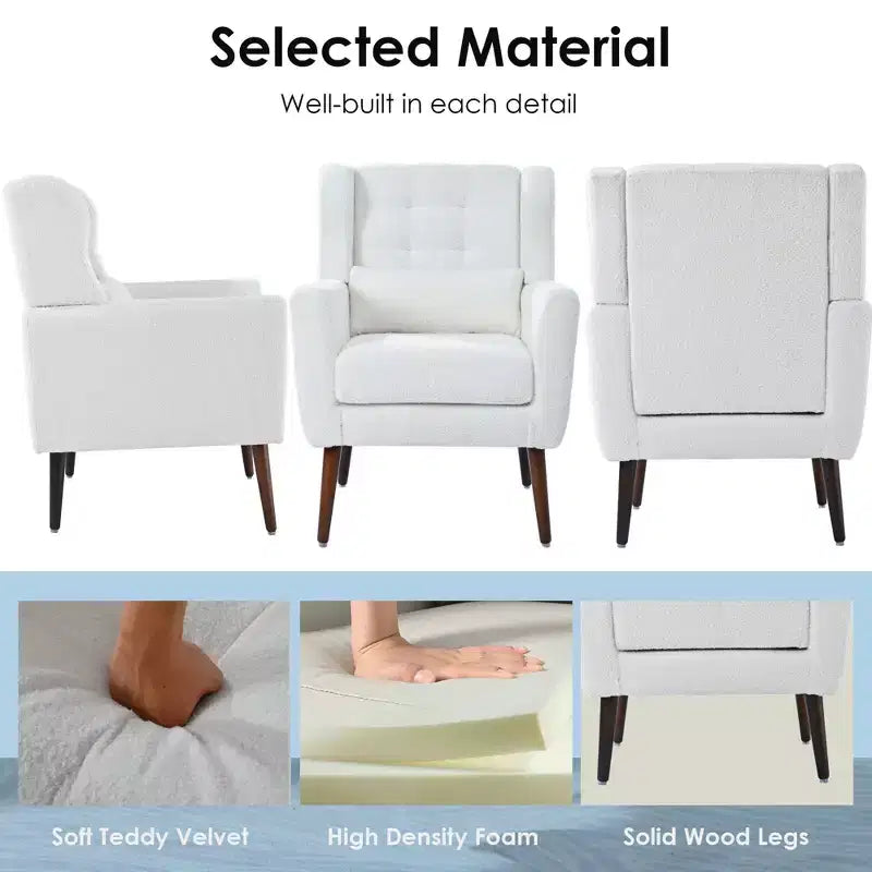 Poltroncina d'accento in ciniglia con cuscino decorativo e gambe affusolate in legno