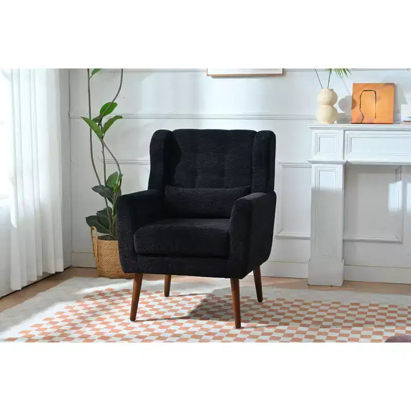 Poltroncina d'accento in ciniglia con cuscino decorativo e gambe affusolate in legno