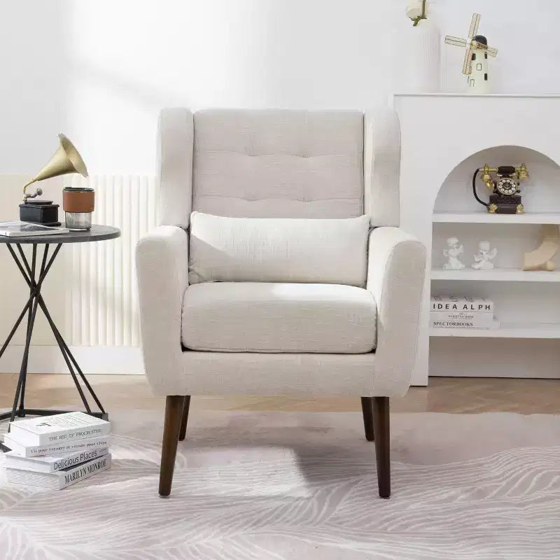 Poltroncina d'accento in ciniglia con cuscino decorativo e gambe affusolate in legno