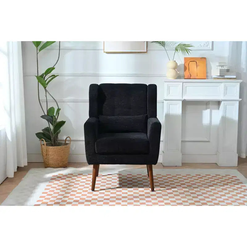 Poltroncina d'accento in ciniglia con cuscino decorativo e gambe affusolate in legno