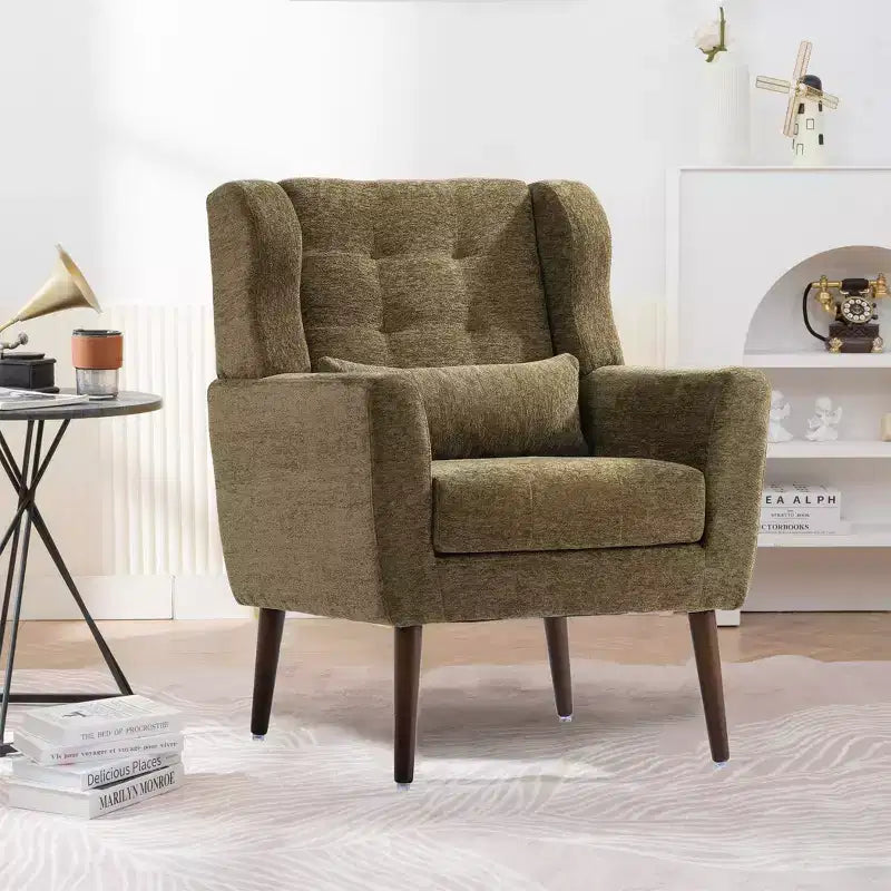 Poltroncina d'accento in ciniglia con cuscino decorativo e gambe affusolate in legno