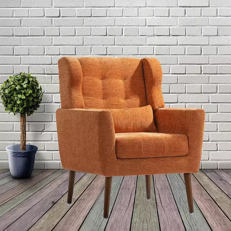 Poltroncina d'accento in ciniglia con cuscino decorativo e gambe affusolate in legno