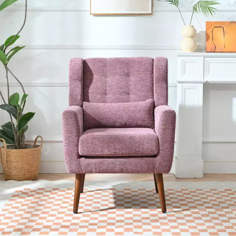 Poltroncina d'accento in ciniglia con cuscino decorativo e gambe affusolate in legno
