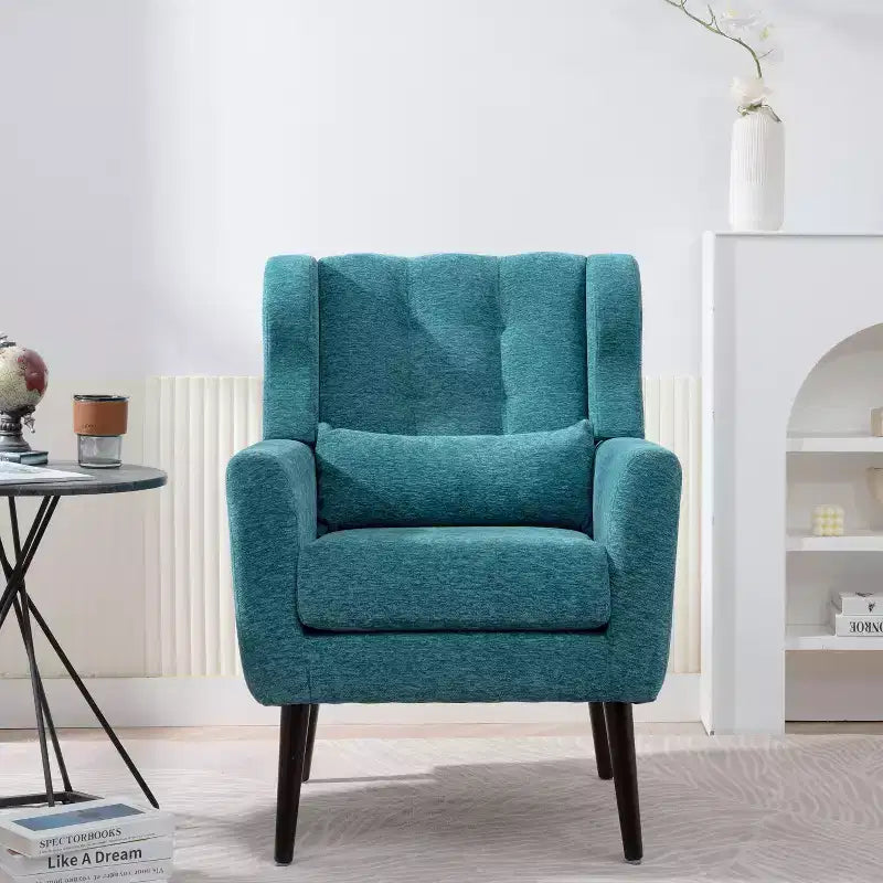 Poltroncina d'accento in ciniglia con cuscino decorativo e gambe affusolate in legno