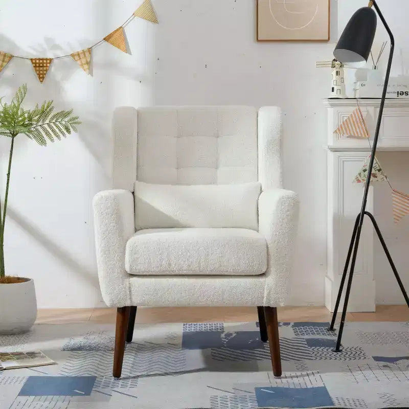 Poltroncina d'accento in ciniglia con cuscino decorativo e gambe affusolate in legno