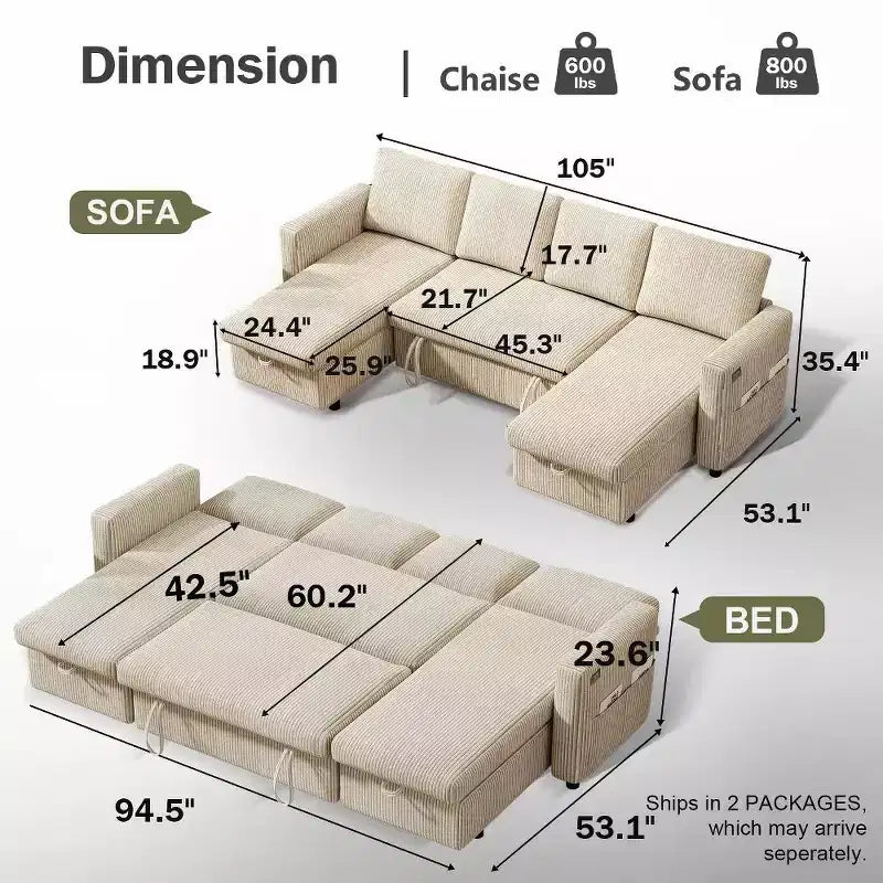 Divano Letto Estraibile a 4 Posti da 267 cm con Contenitore, Tasche Laterali e Schienale Regolabile