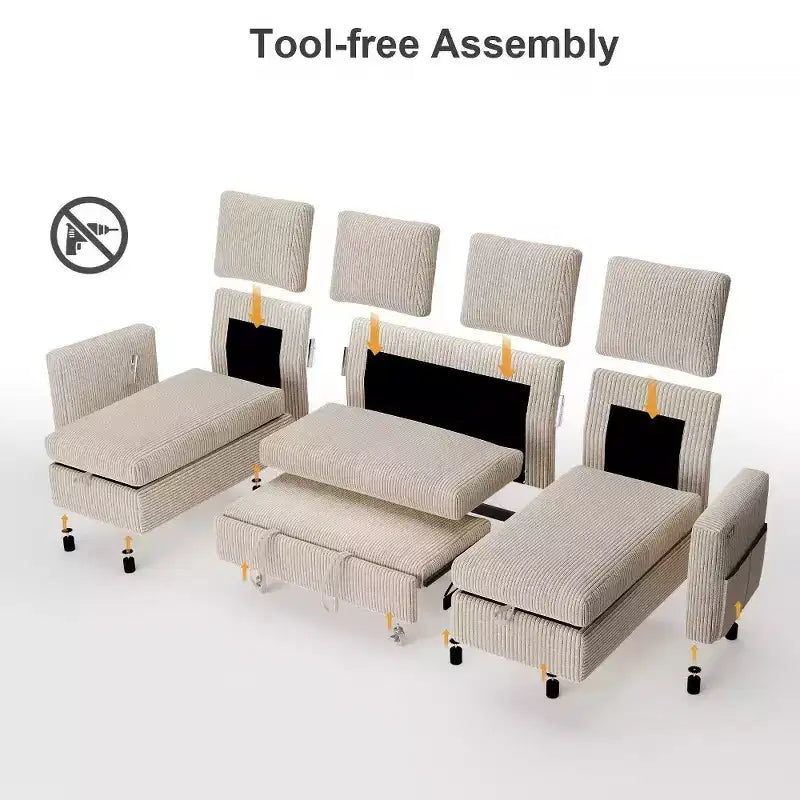 Divano Letto Estraibile a 4 Posti da 267 cm con Contenitore, Tasche Laterali e Schienale Regolabile