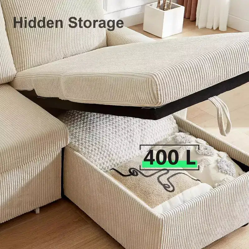 Divano Letto Estraibile a 4 Posti da 267 cm con Contenitore, Tasche Laterali e Schienale Regolabile