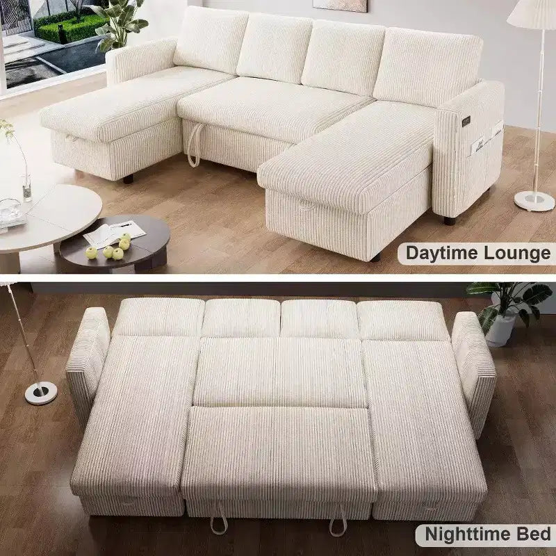 Divano Letto Estraibile a 4 Posti da 267 cm con Contenitore, Tasche Laterali e Schienale Regolabile