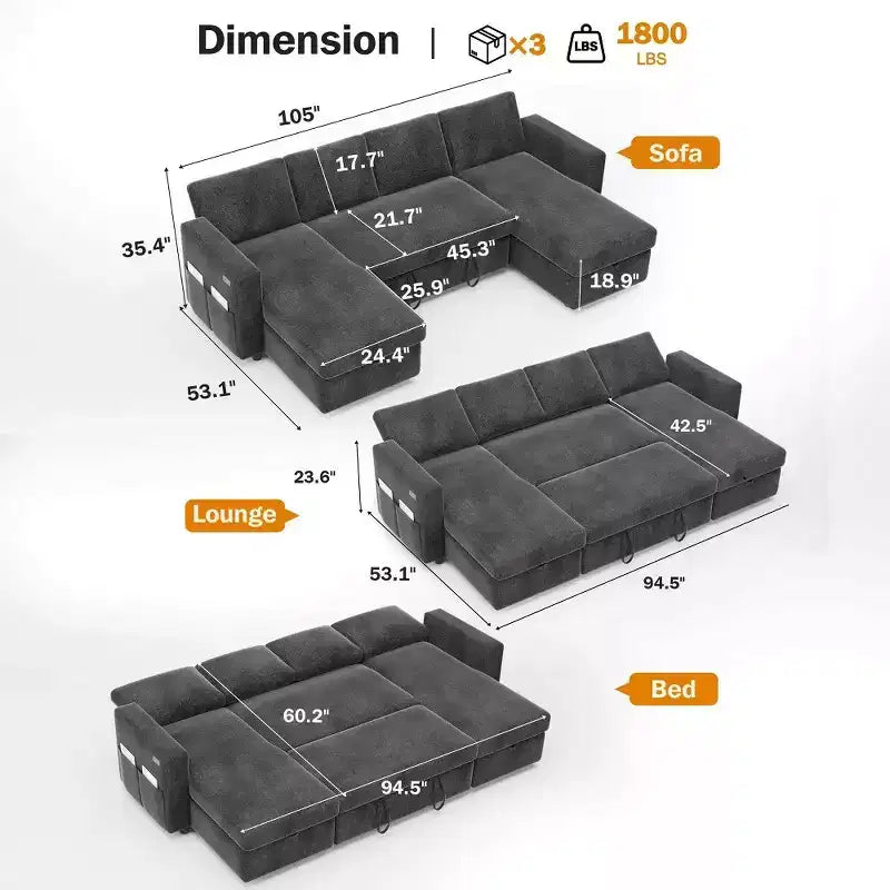 Divano Letto Estraibile a 4 Posti da 267 cm con Contenitore, Tasche Laterali e Schienale Regolabile