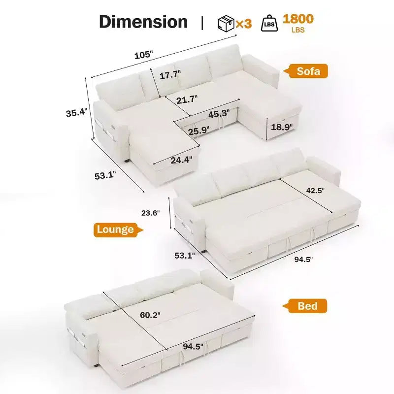 Divano Letto Estraibile a 4 Posti da 267 cm con Contenitore, Tasche Laterali e Schienale Regolabile