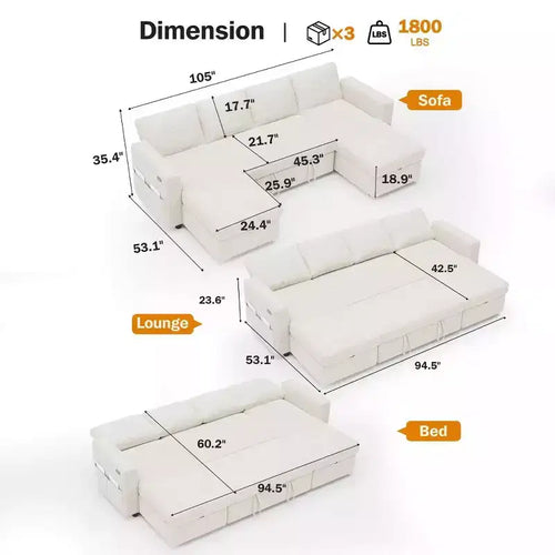 Divano Letto Estraibile a 4 Posti da 267 cm con Contenitore, Tasche Laterali e Schienale Regolabile