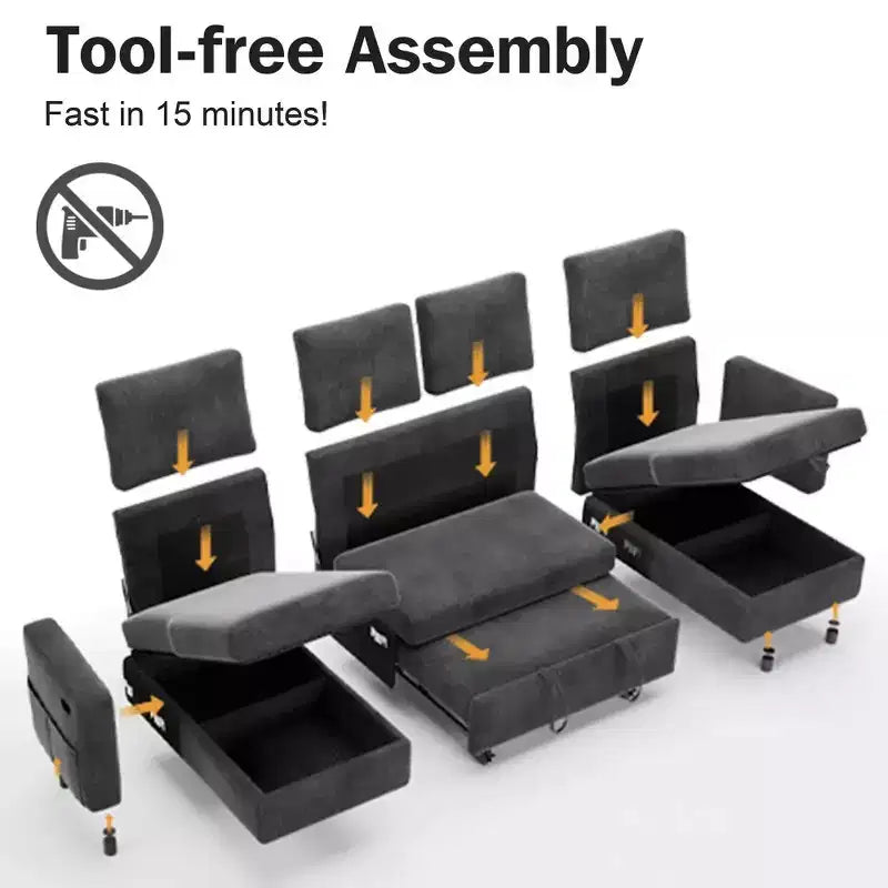 Divano Letto Estraibile a 4 Posti da 267 cm con Contenitore, Tasche Laterali e Schienale Regolabile