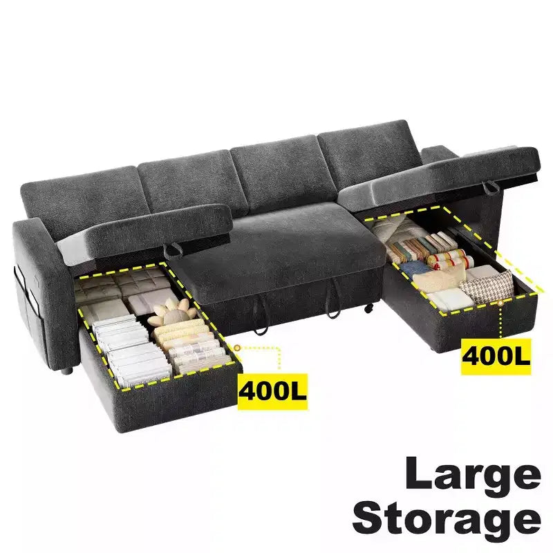 Divano Letto Estraibile a 4 Posti da 267 cm con Contenitore, Tasche Laterali e Schienale Regolabile