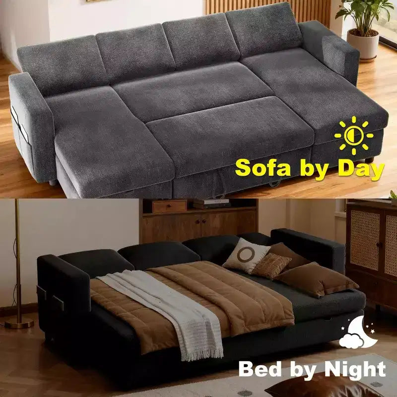 Divano Letto Estraibile a 4 Posti da 267 cm con Contenitore, Tasche Laterali e Schienale Regolabile