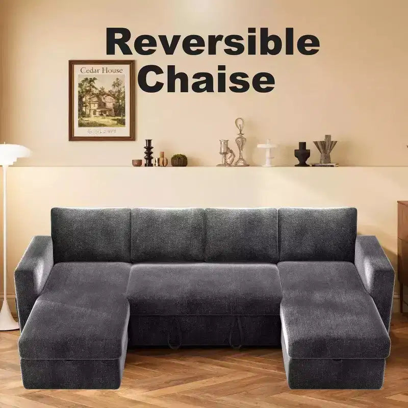 Divano Letto Estraibile a 4 Posti da 267 cm con Contenitore, Tasche Laterali e Schienale Regolabile
