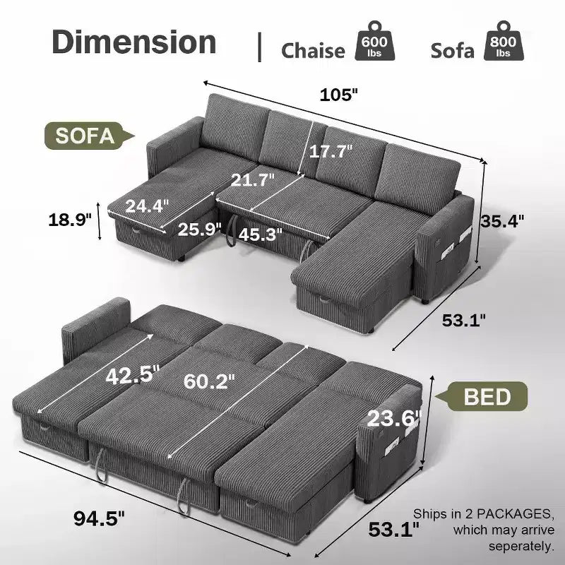 Divano Letto Estraibile a 4 Posti da 267 cm con Contenitore, Tasche Laterali e Schienale Regolabile