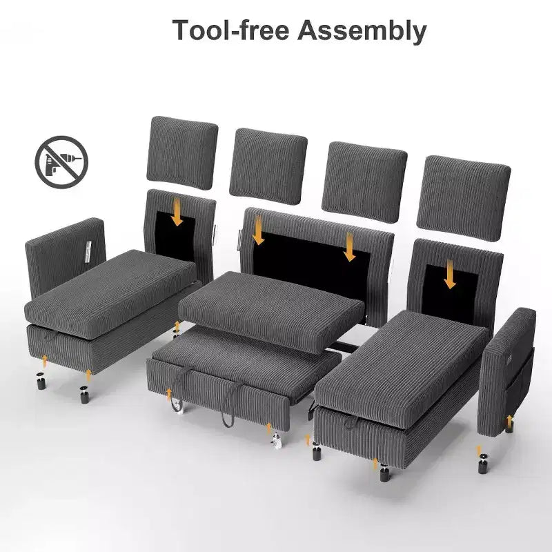 Divano Letto Estraibile a 4 Posti da 267 cm con Contenitore, Tasche Laterali e Schienale Regolabile