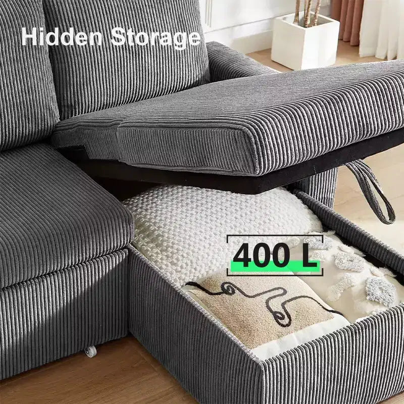 Divano Letto Estraibile a 4 Posti da 267 cm con Contenitore, Tasche Laterali e Schienale Regolabile