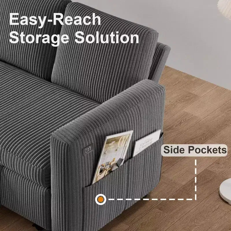 Divano Letto Estraibile a 4 Posti da 267 cm con Contenitore, Tasche Laterali e Schienale Regolabile