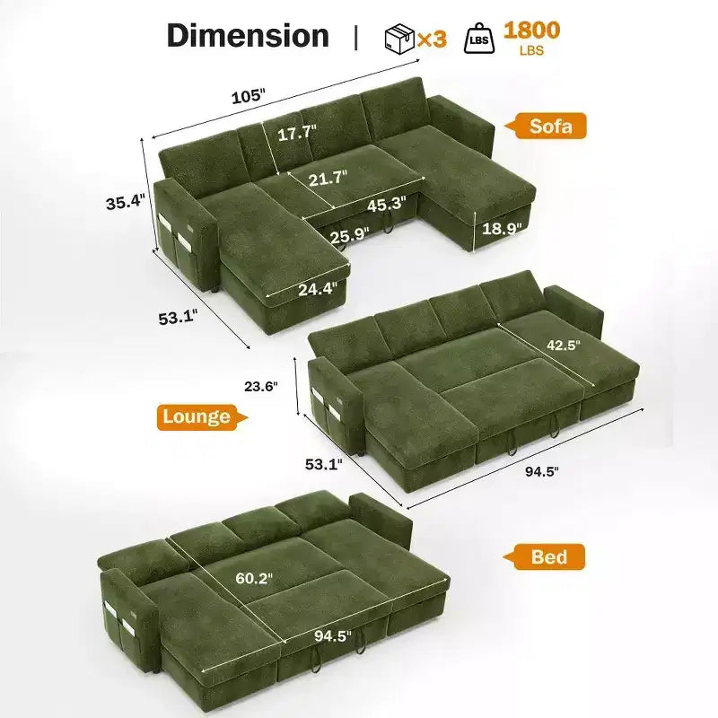 Divano Letto Estraibile a 4 Posti da 267 cm con Contenitore, Tasche Laterali e Schienale Regolabile
