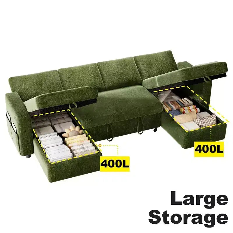 Divano Letto Estraibile a 4 Posti da 267 cm con Contenitore, Tasche Laterali e Schienale Regolabile