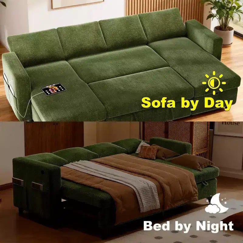 Divano Letto Estraibile a 4 Posti da 267 cm con Contenitore, Tasche Laterali e Schienale Regolabile