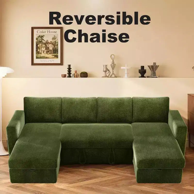 Divano Letto Estraibile a 4 Posti da 267 cm con Contenitore, Tasche Laterali e Schienale Regolabile