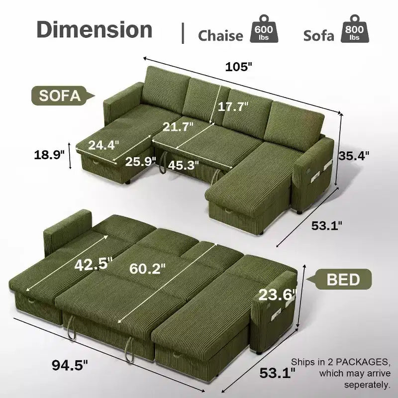 Divano Letto Estraibile a 4 Posti da 267 cm con Contenitore, Tasche Laterali e Schienale Regolabile