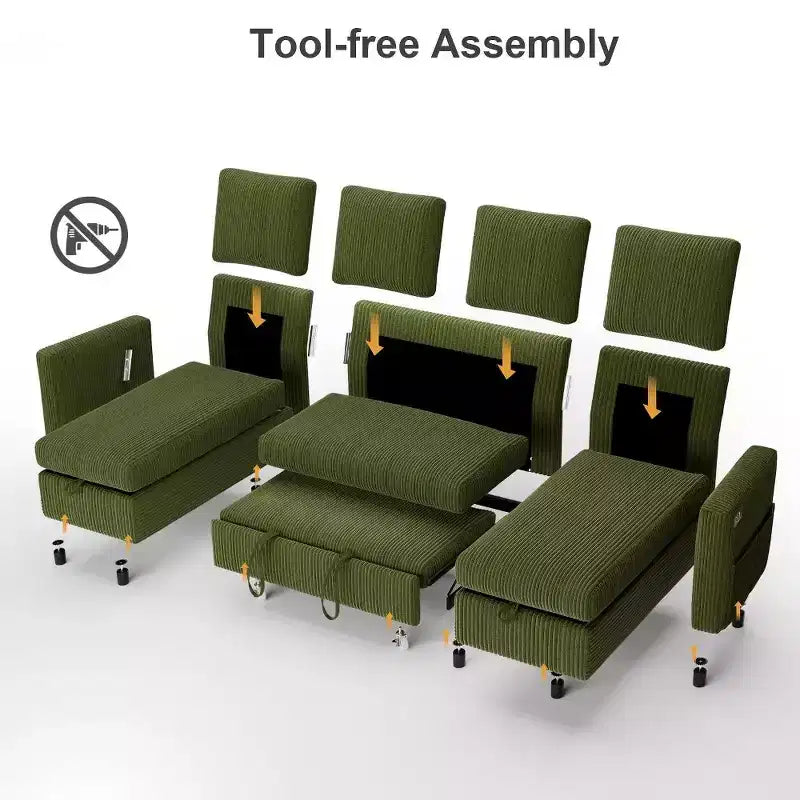 Divano Letto Estraibile a 4 Posti da 267 cm con Contenitore, Tasche Laterali e Schienale Regolabile