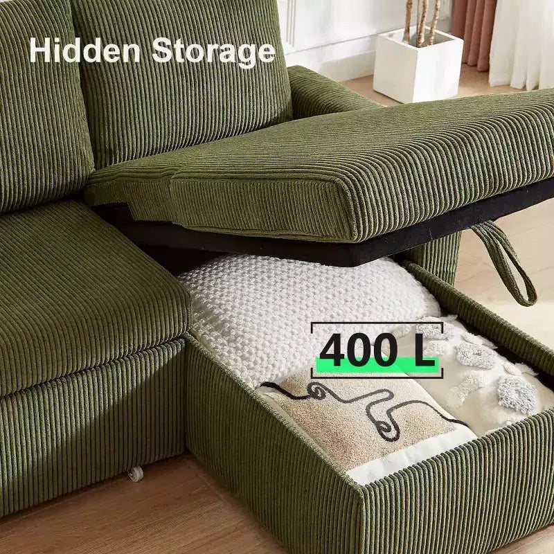 Divano Letto Estraibile a 4 Posti da 267 cm con Contenitore, Tasche Laterali e Schienale Regolabile