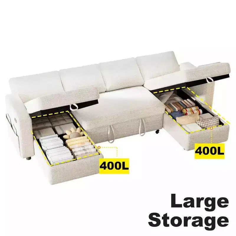 Divano Letto Estraibile a 4 Posti da 267 cm con Contenitore, Tasche Laterali e Schienale Regolabile