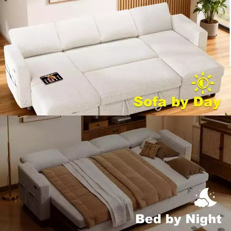 Divano Letto Estraibile a 4 Posti da 267 cm con Contenitore, Tasche Laterali e Schienale Regolabile