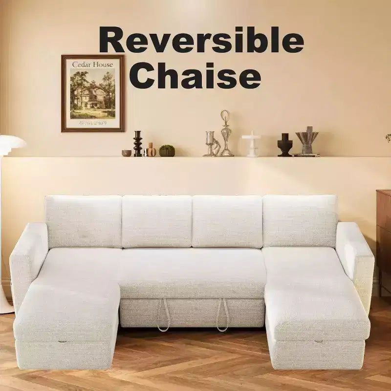 Divano Letto Estraibile a 4 Posti da 267 cm con Contenitore, Tasche Laterali e Schienale Regolabile
