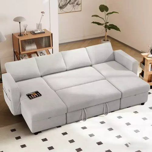 Dyonery 105-inch Four-Seat Pull-Out Sofa Bed with Storage, Side Pockets, Adjustable Backrest, Convertible