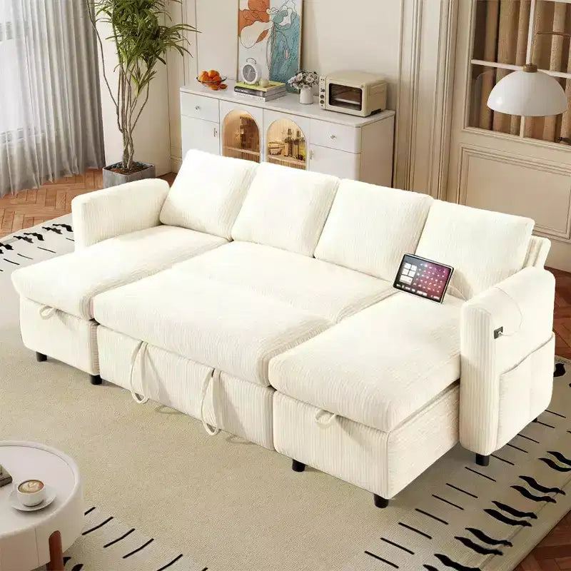 Divano Letto Estraibile a 4 Posti da 267 cm con Contenitore, Tasche Laterali e Schienale Regolabile