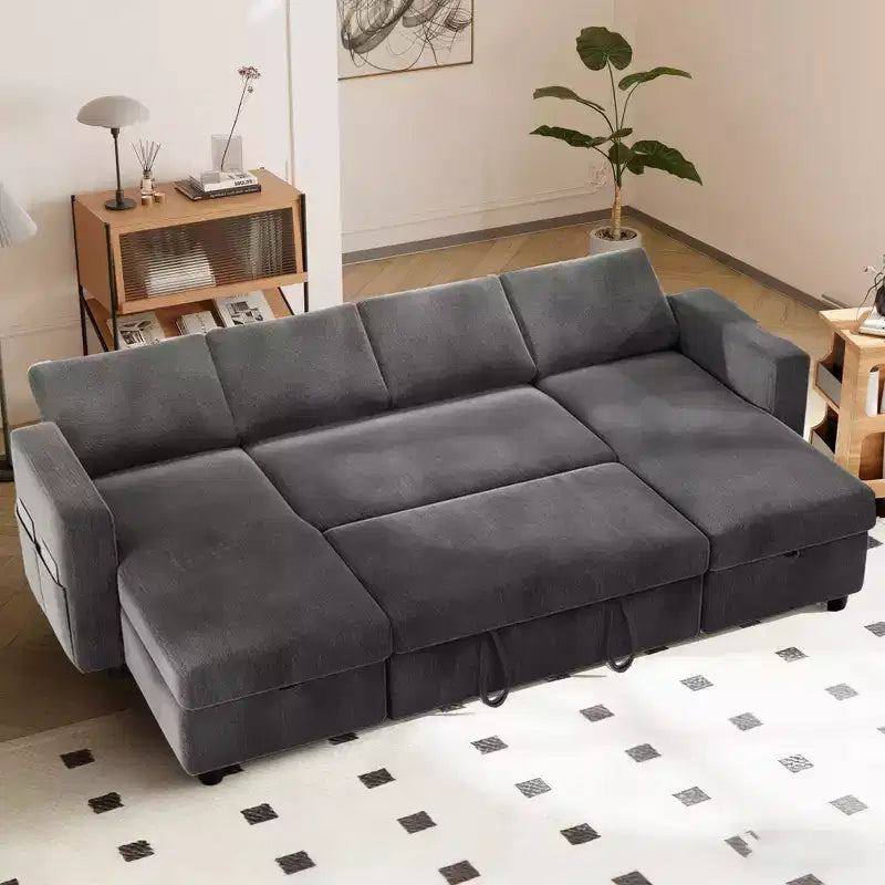 Divano Letto Estraibile a 4 Posti da 267 cm con Contenitore, Tasche Laterali e Schienale Regolabile