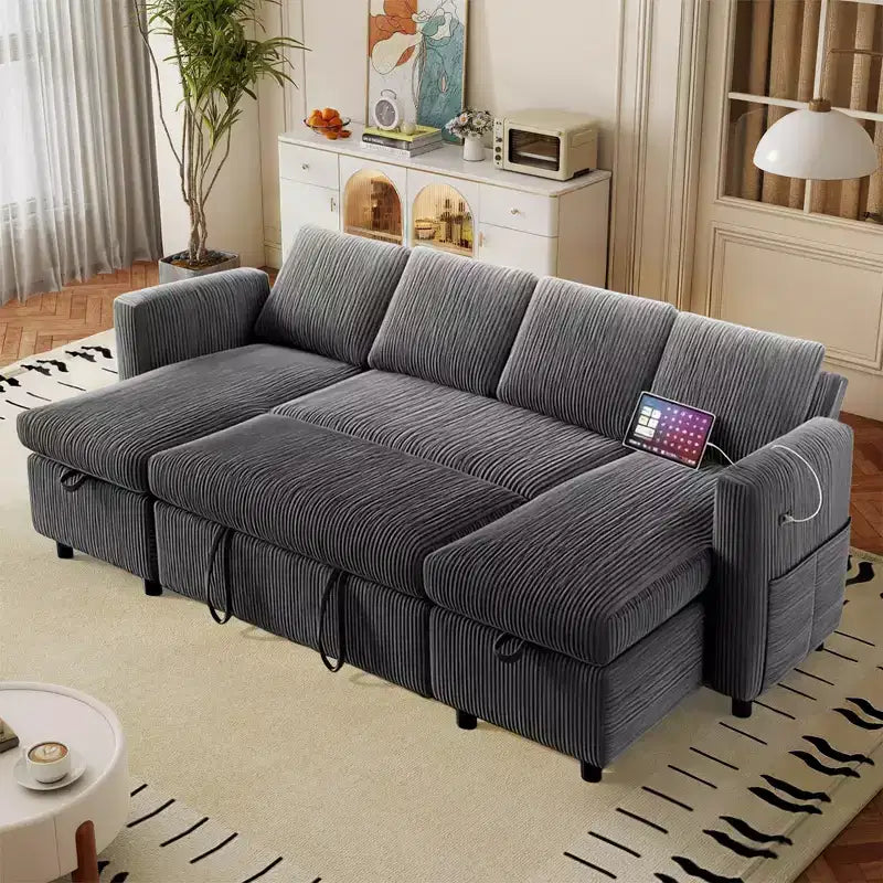 Divano Letto Estraibile a 4 Posti da 267 cm con Contenitore, Tasche Laterali e Schienale Regolabile