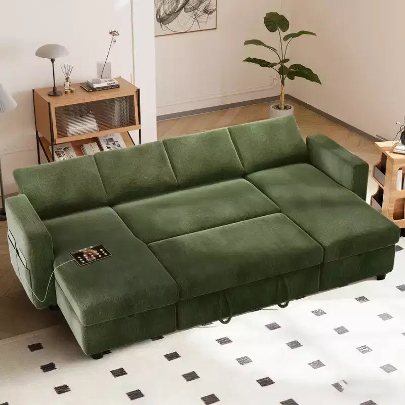 Divano Letto Estraibile a 4 Posti da 267 cm con Contenitore, Tasche Laterali e Schienale Regolabile