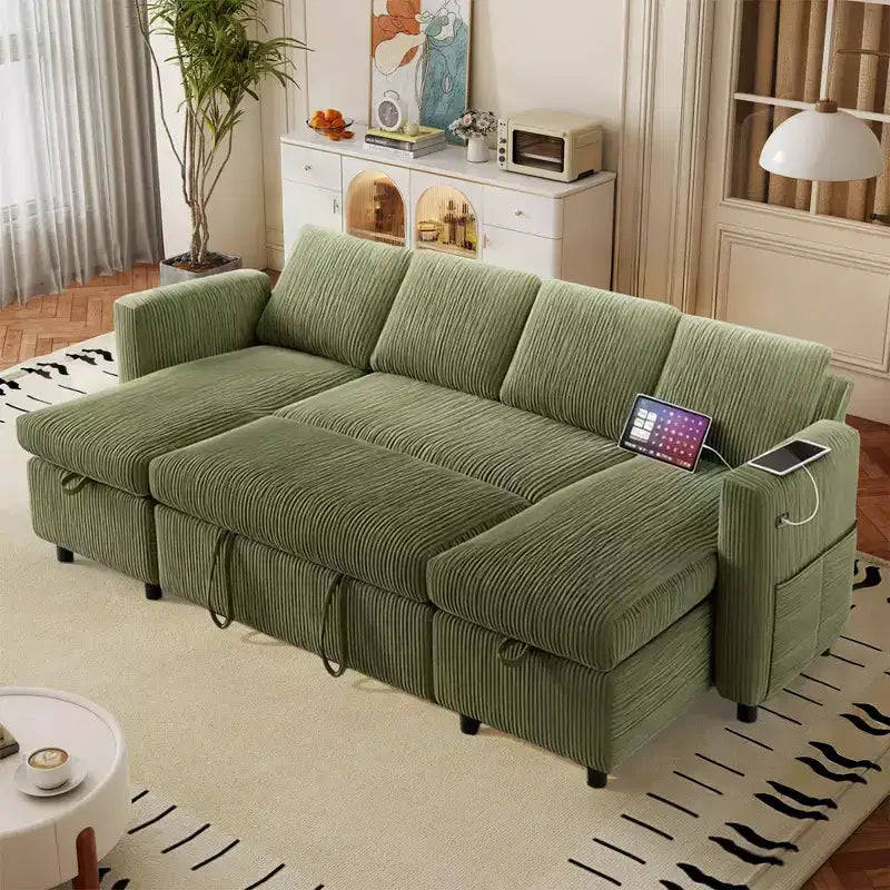 Divano Letto Estraibile a 4 Posti da 267 cm con Contenitore, Tasche Laterali e Schienale Regolabile