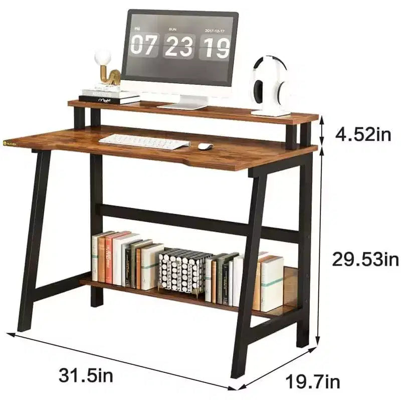 Scrivania per computer con supporto per monitor e ripiano portaoggetti
