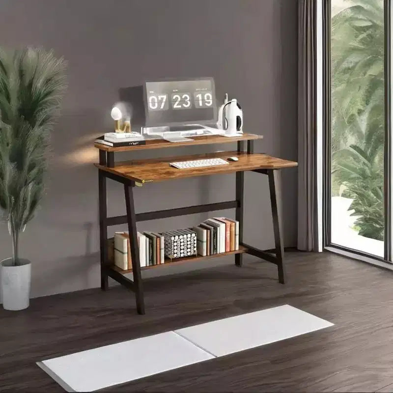 Scrivania per computer con supporto per monitor e ripiano portaoggetti