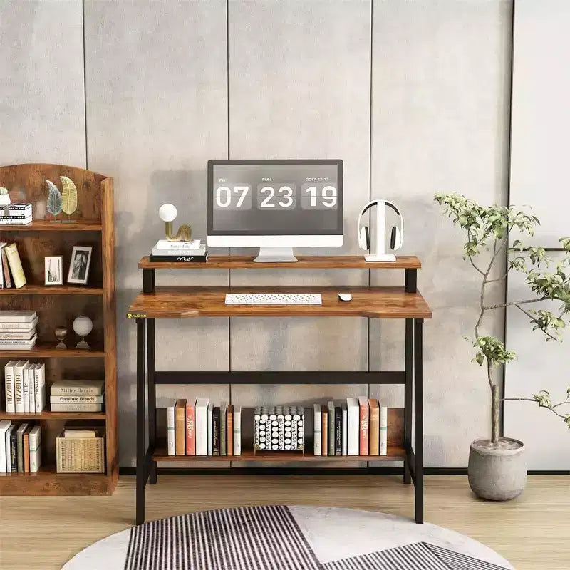 Scrivania per computer con supporto per monitor e ripiano portaoggetti