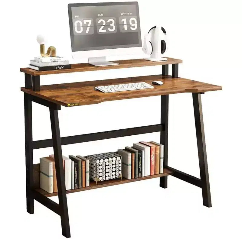 Scrivania per computer con supporto per monitor e ripiano portaoggetti