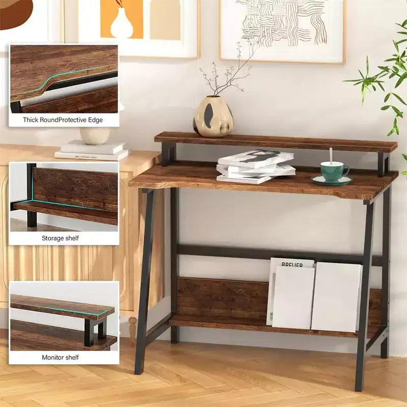 Scrivania per computer con supporto per monitor e ripiano portaoggetti